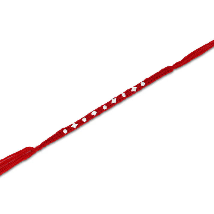 Silver Small Flower Design Beads with Red Thread Rakhi for Boys