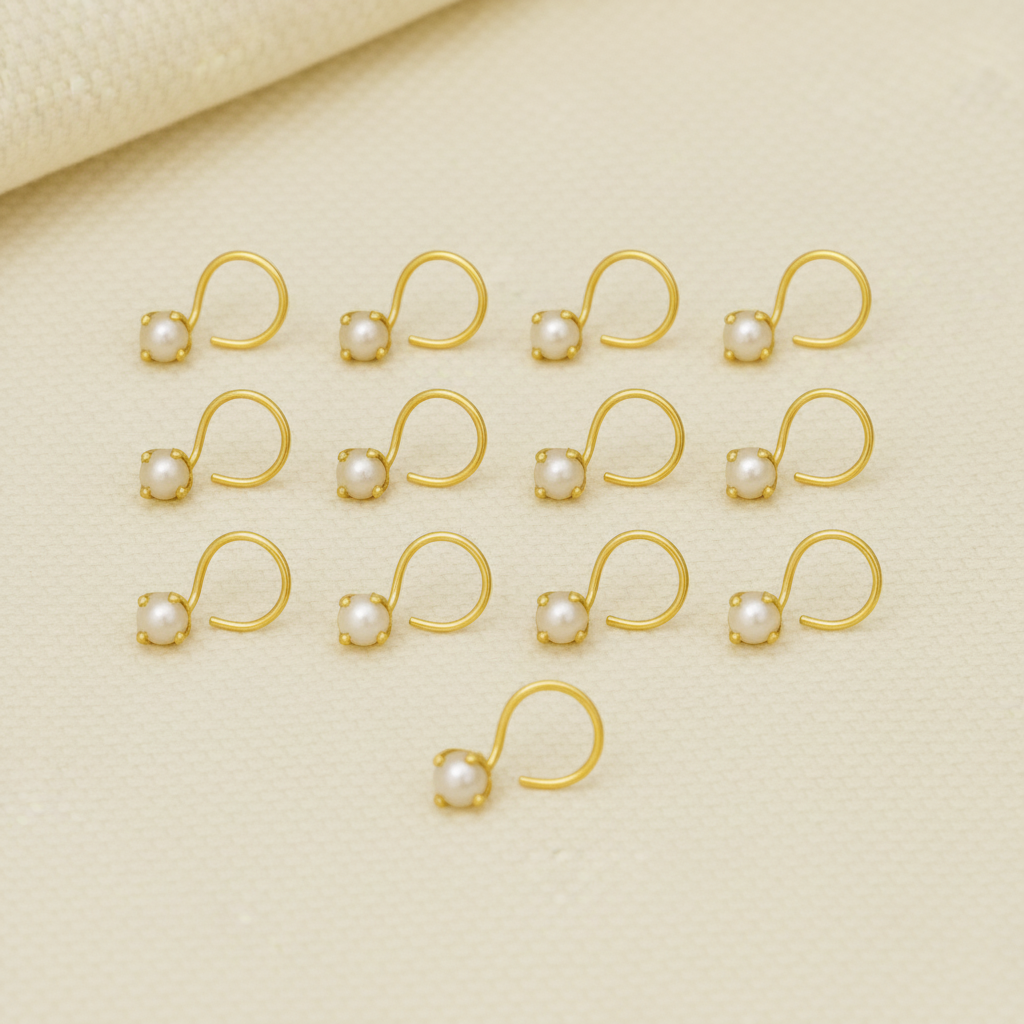 (13 Pcs ₹1699 combo) Pearl Glow Gold Polish Silver Nose Pin