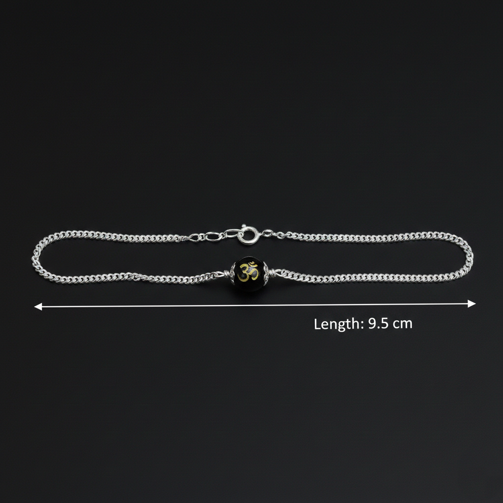 Sterling Silver Om Black Bead Chain Bracelet