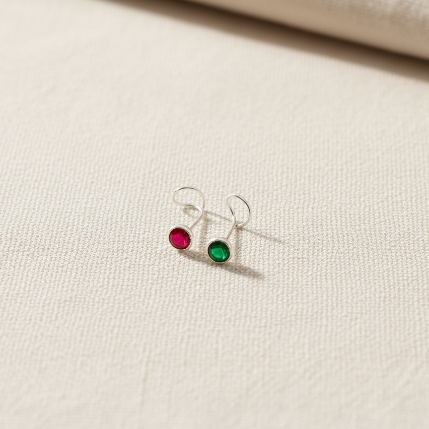 Silver Nose Pin with Round Multicolour Stones