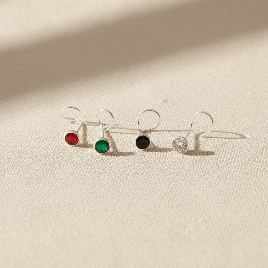 Silver Nose Pin with Round Multicolour Stones
