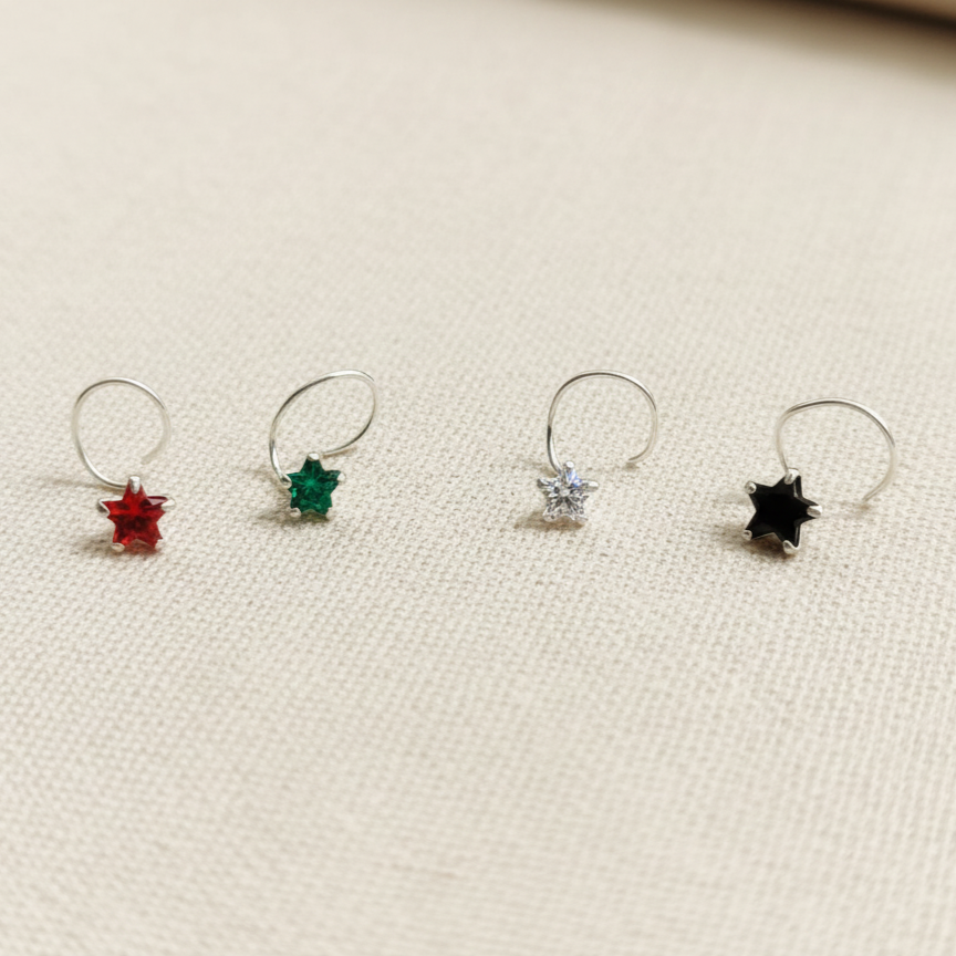 Silver Nose Pin with Star Multicolor Stones
