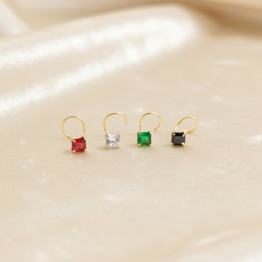 (Buy 1 get 1) Gold Polish Nose Pin with Square Multicolour Stones