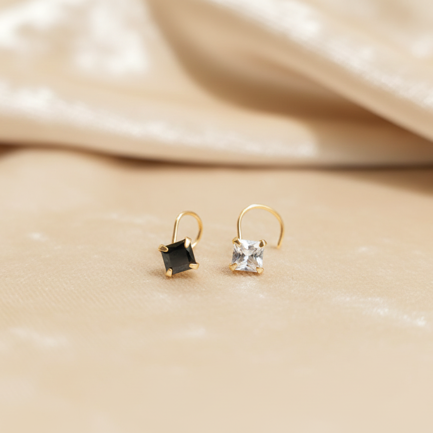 (Buy 1 get 1) Gold Polish Nose Pin with Square Multicolour Stones