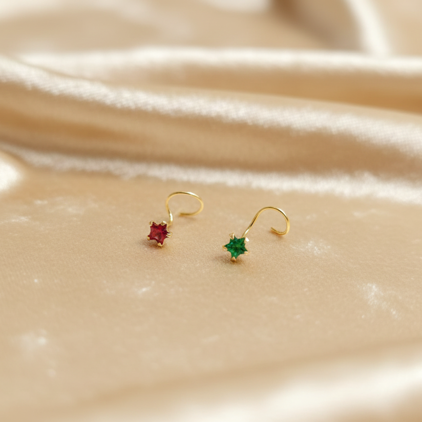 (Buy 1 get 1) Gold Polish Nose Pin with Star Multicolour Stones