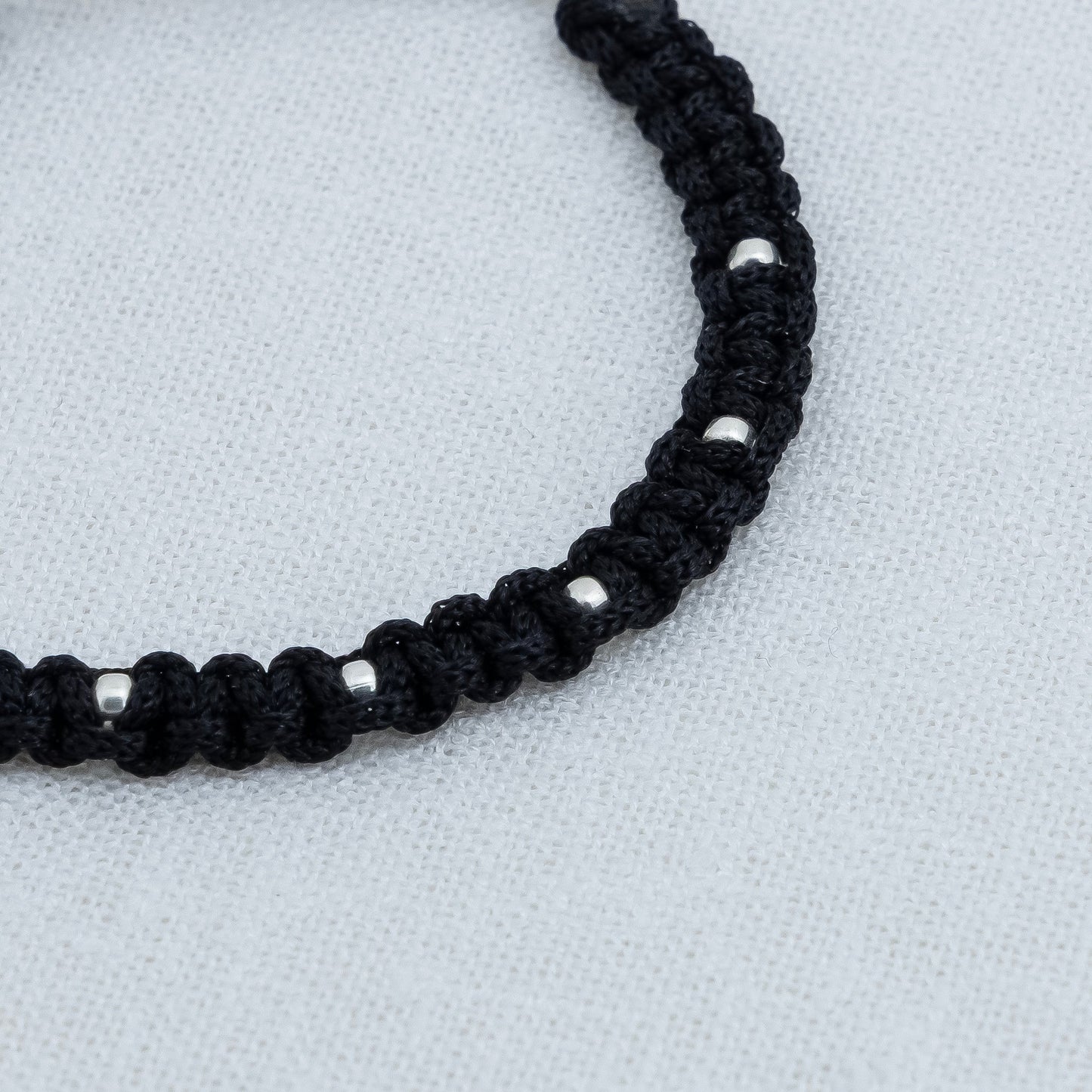 Handmade Black Thread Bracelet with Silver Beads