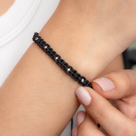 Handmade Black Thread Bracelet with Silver Beads