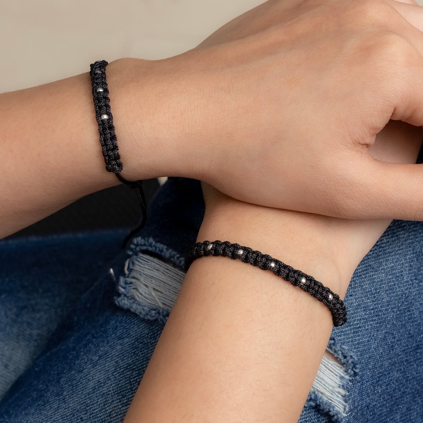 Handmade Black Thread Bracelet with Silver Beads
