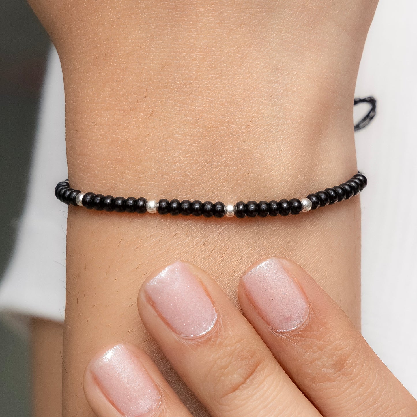 Black Beads Bracelet with Silver Accents