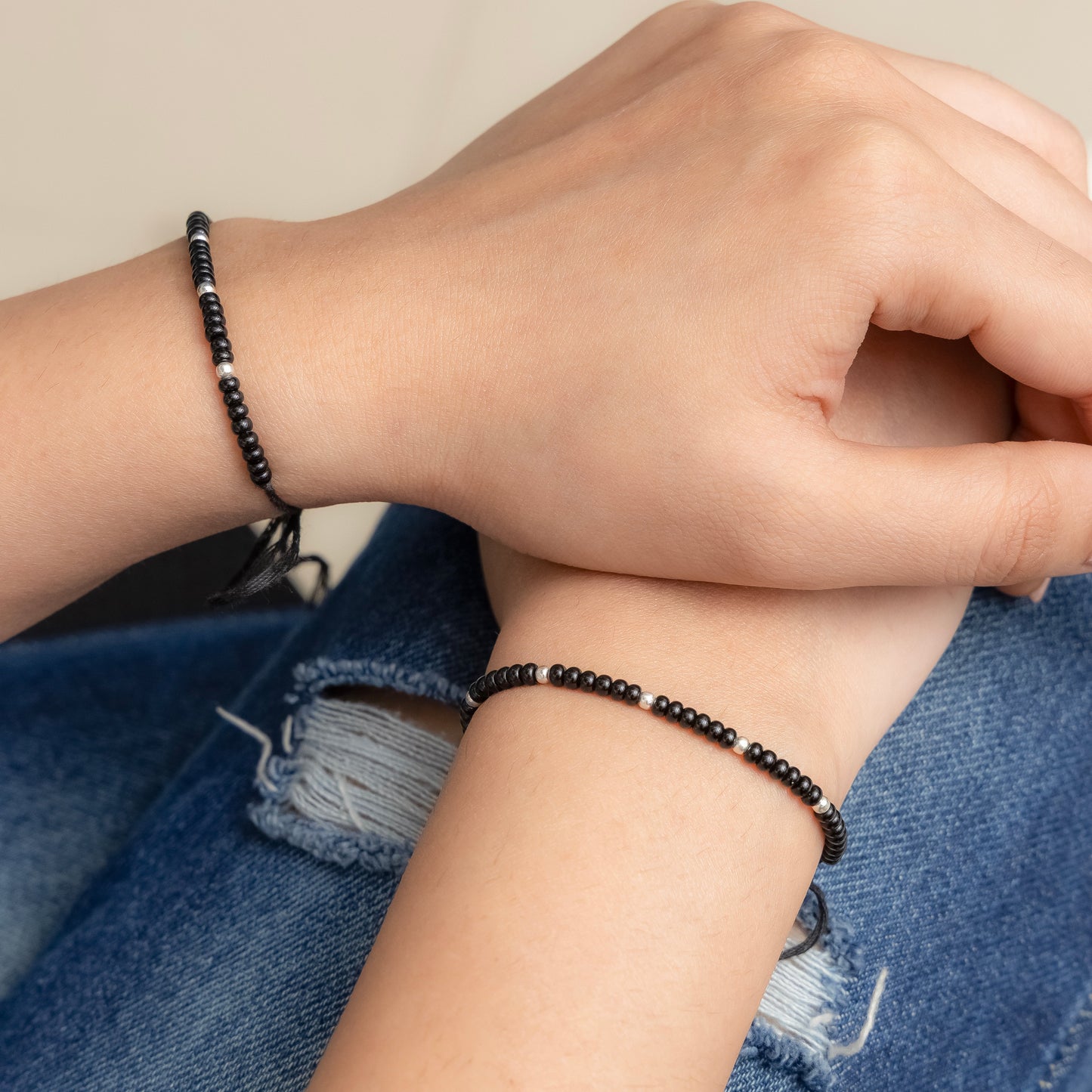 Black Beads Bracelet with Silver Accents
