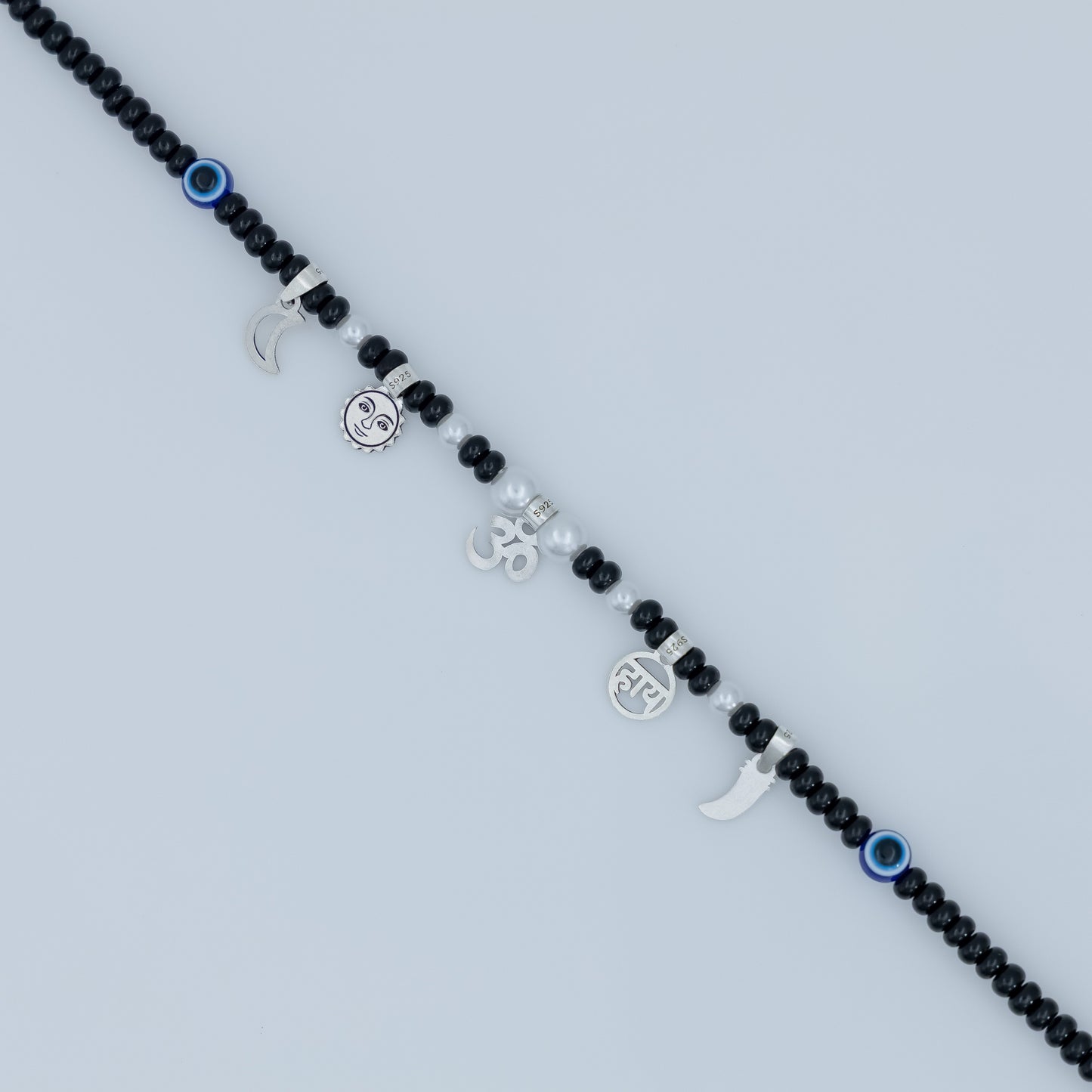 Baby Silver Nazariya Black Beads Mala with Om, Swastik & Moon Charms