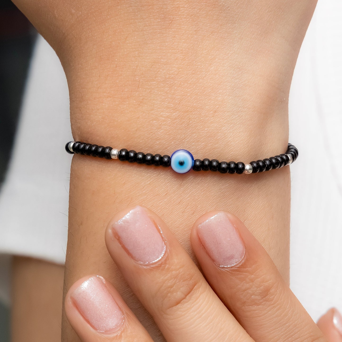 Black Beads Evil Eye Bracelet with Silver Accents