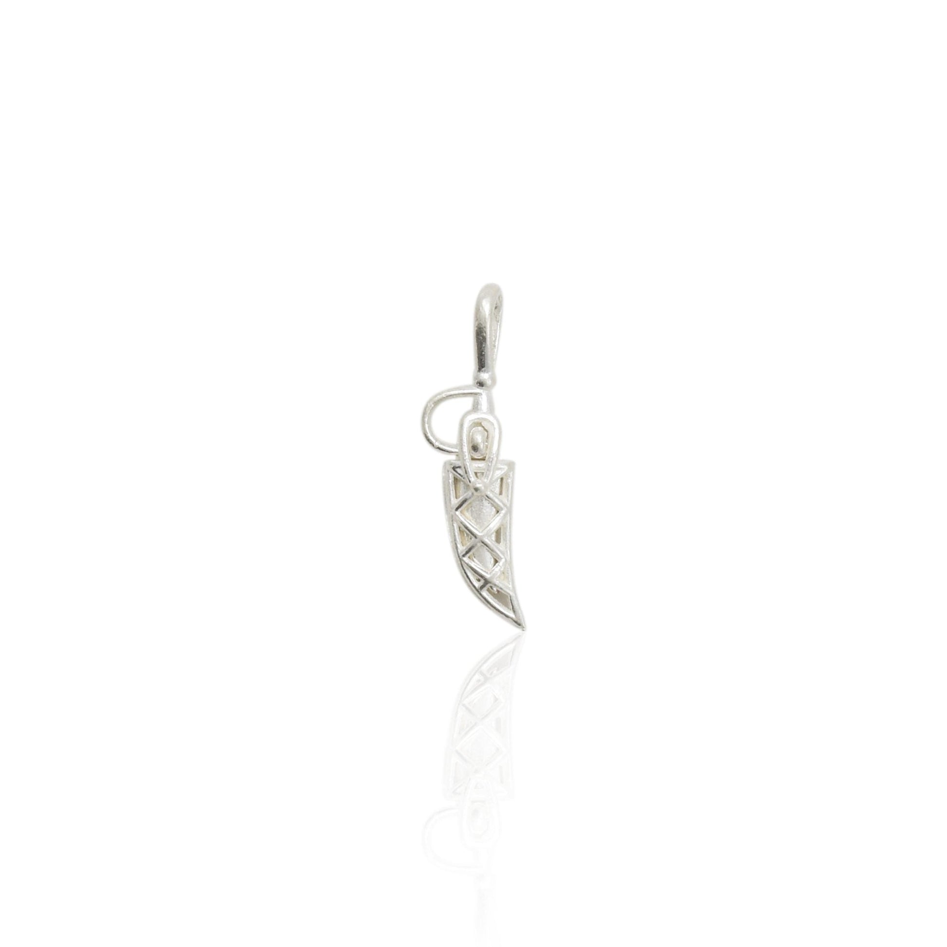 Silver pendant featuring a detailed sword with sheath design