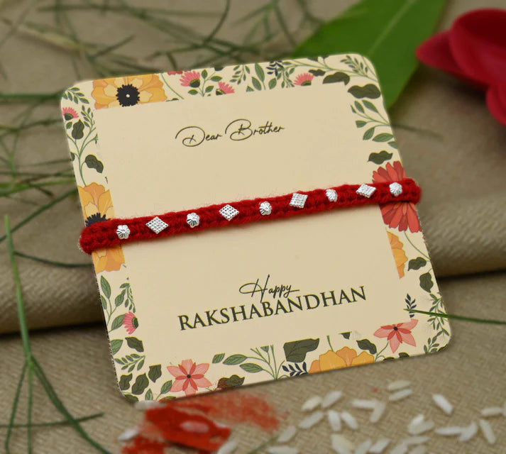 Silver Small Flower Design Beads with Red Thread Rakhi for Boys