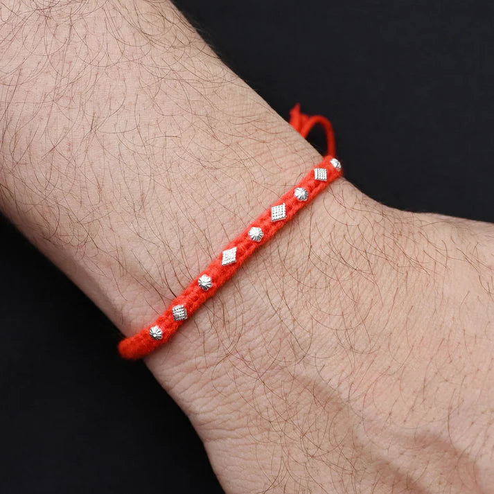 Silver Small Flower Design with Orange Thread Rakhi for Boys