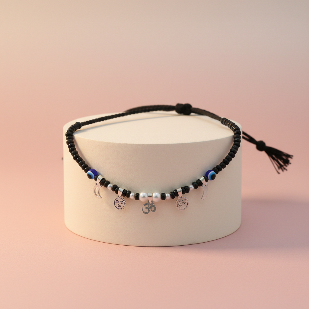 Baby Silver Nazariya Black Beads Mala with Om, Swastik & Moon Charms