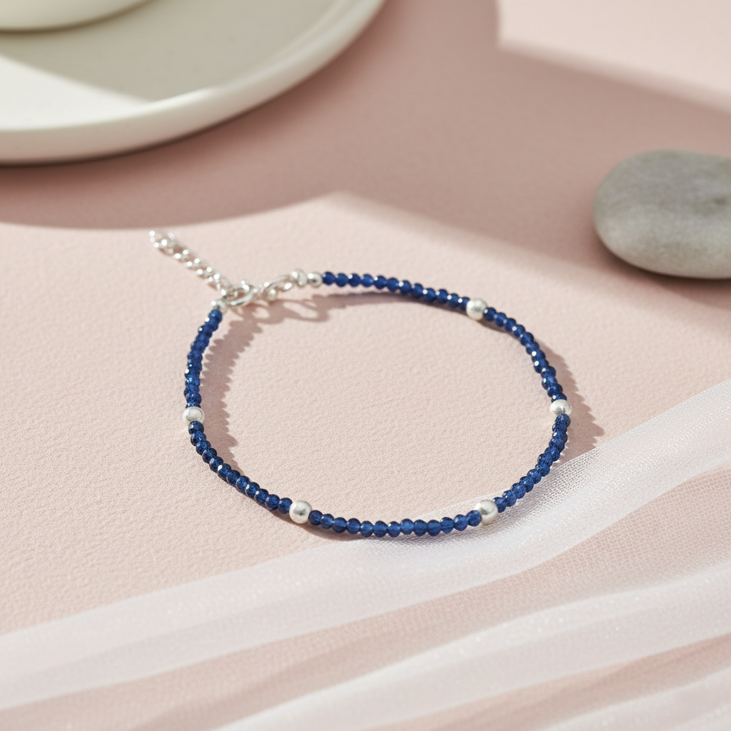 Blue Crystal Silver Bead Bracelet