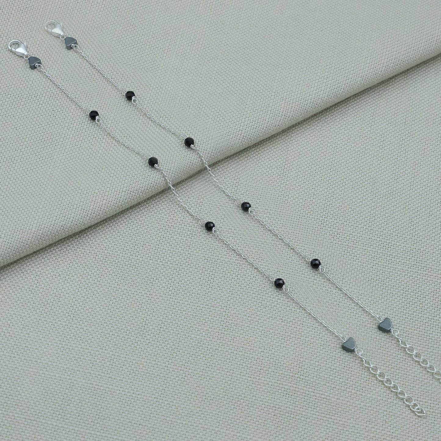 Kids Black Beads Chain Link Silver Bracelet