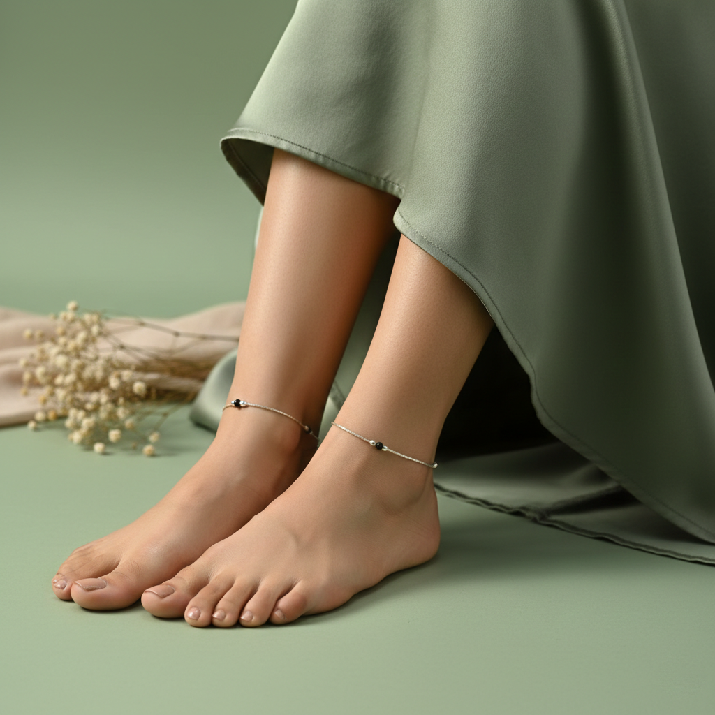 Everyday Wear Black Bud Silver Anklet