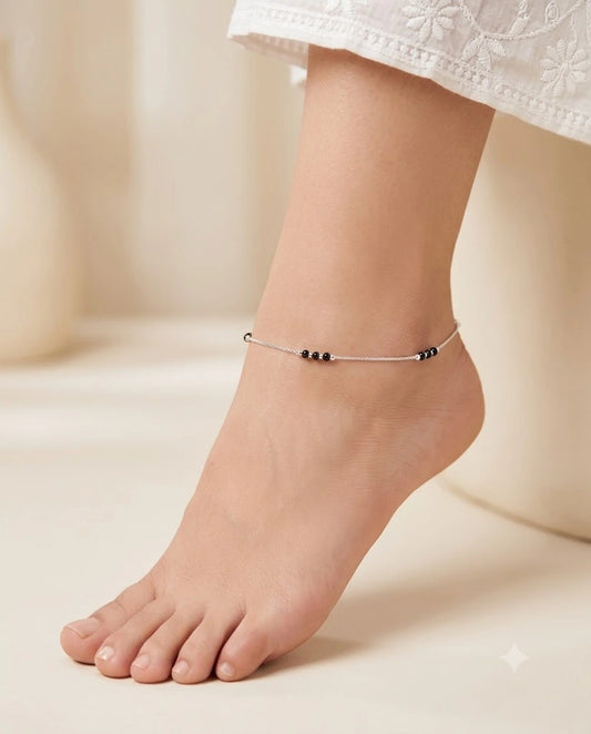 Lightweight Black Beaded Silver Anklet