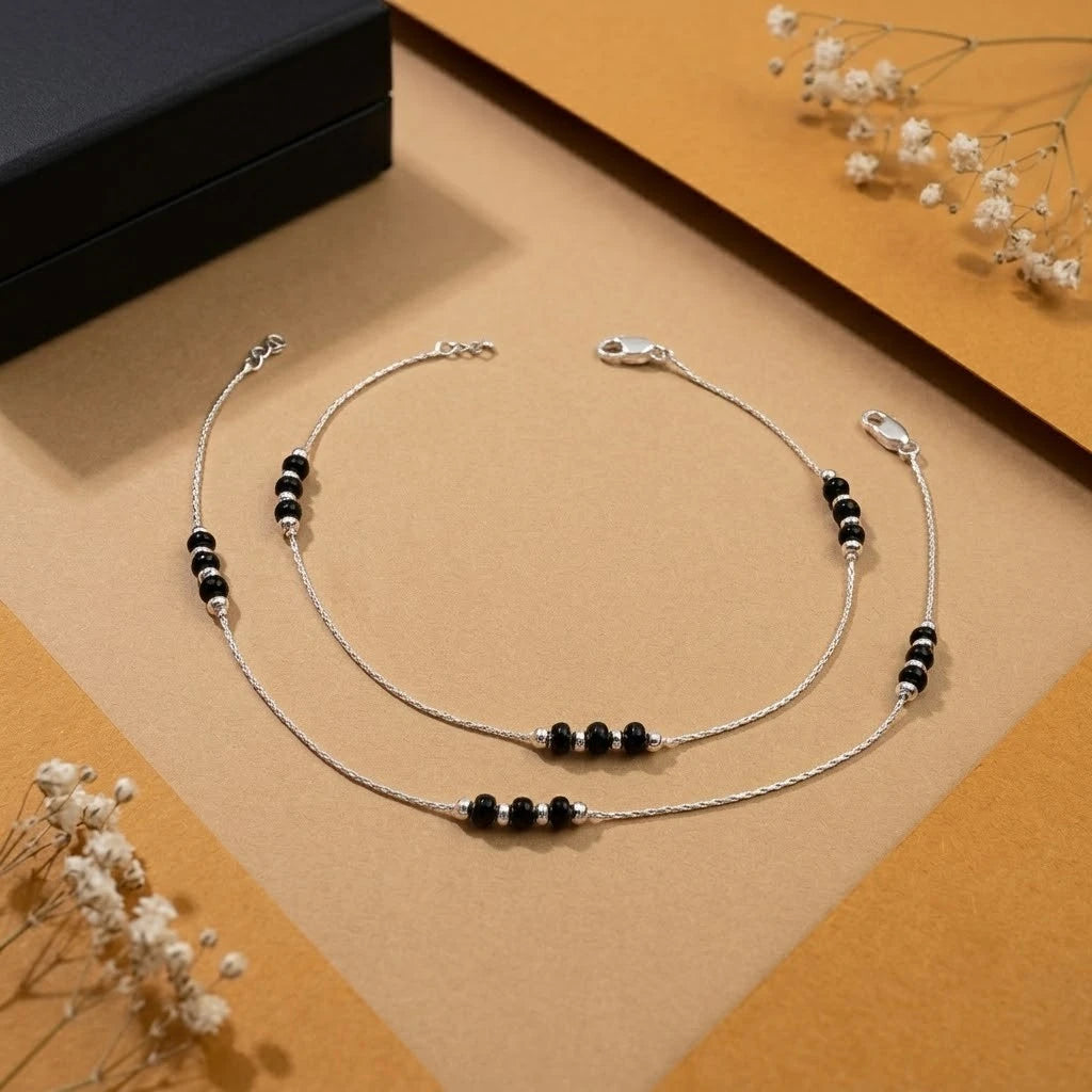 Lightweight Black Beaded Silver Anklet