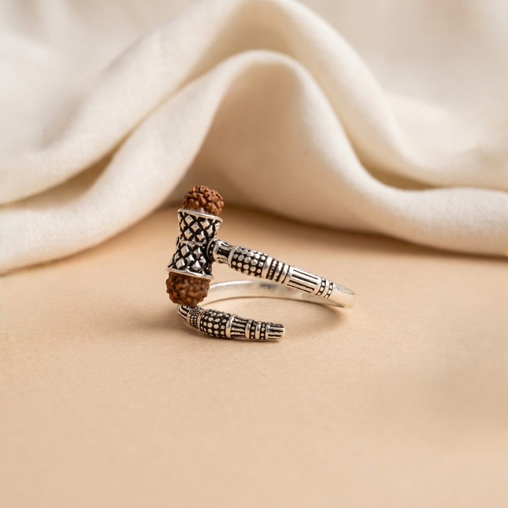 Mahadev Trishul Rudraksha Silver Spiral Ring