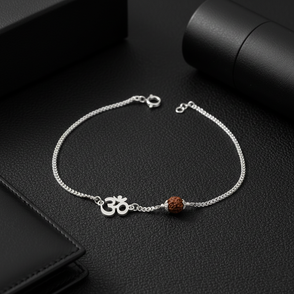 (2 Pcs ₹2999) Men’s Silver Rudraksha Bracelet Om Symbol Adjustable