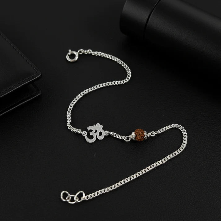 Men’s Silver Rudraksha Bracelet Om Symbol Adjustable