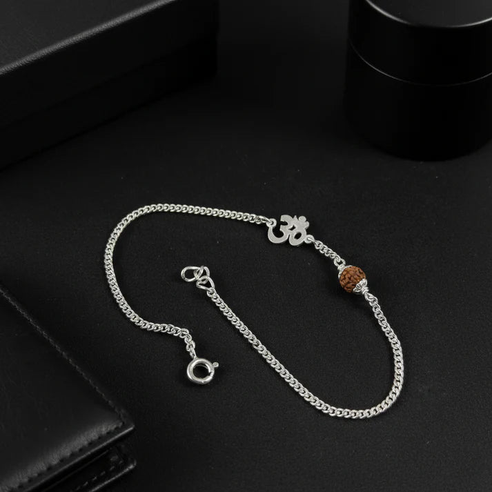 Men’s Silver Rudraksha Bracelet Om Symbol Adjustable