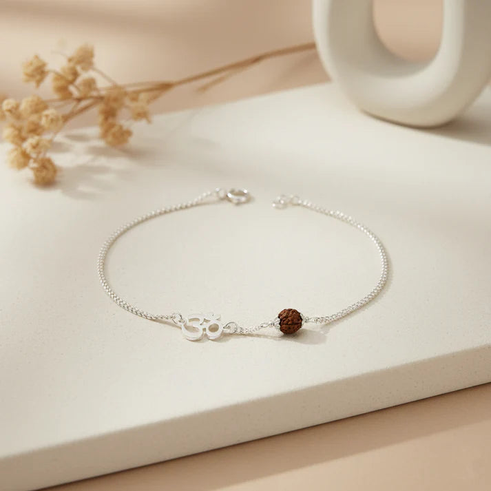 Men’s Silver Rudraksha Bracelet Om Symbol Adjustable