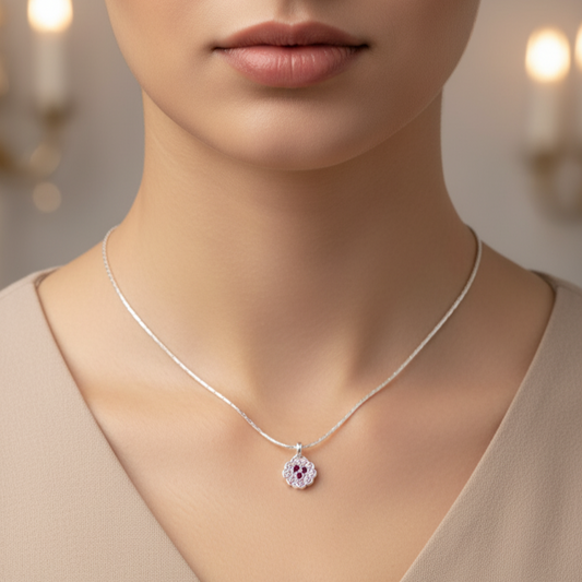 Minimal Silver Floral Pendant with Ruby Touch