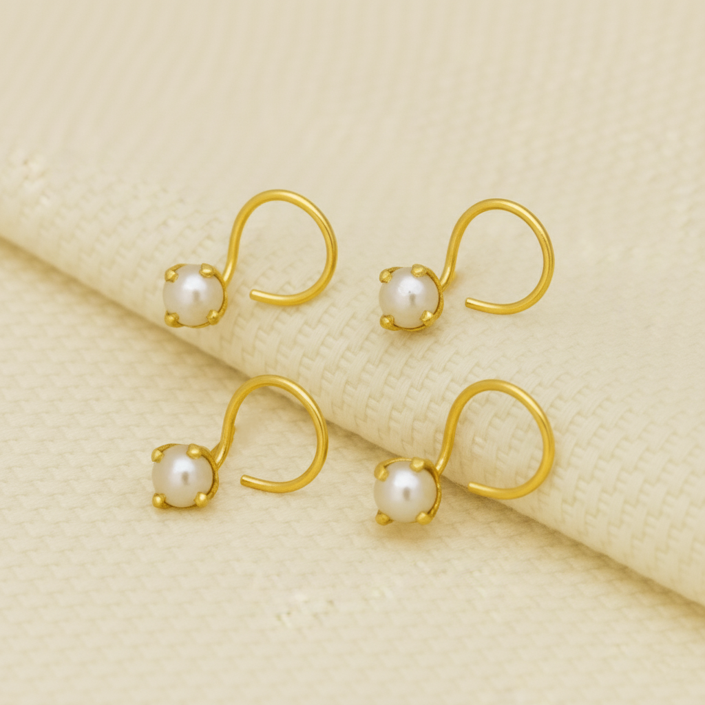 (13 Pcs ₹1699 combo) Pearl Glow Gold Polish Silver Nose Pin