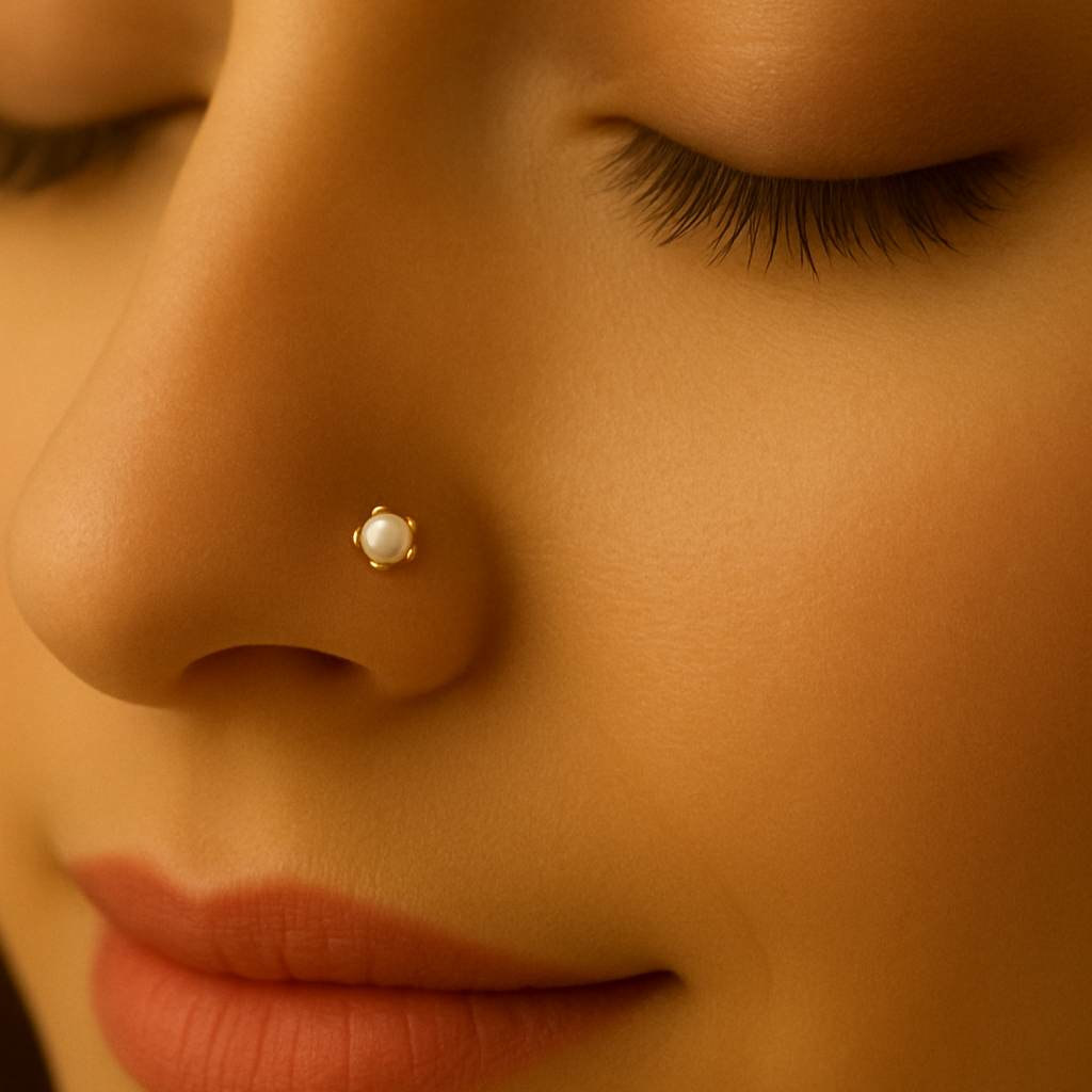 (13 Pcs ₹1699 combo) Pearl Glow Gold Polish Silver Nose Pin