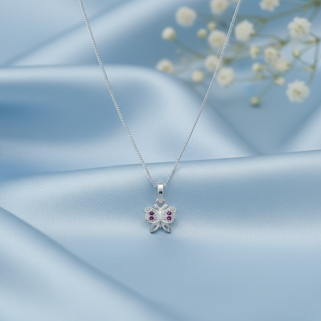 Pink Stone Butterfly Silver Pendant