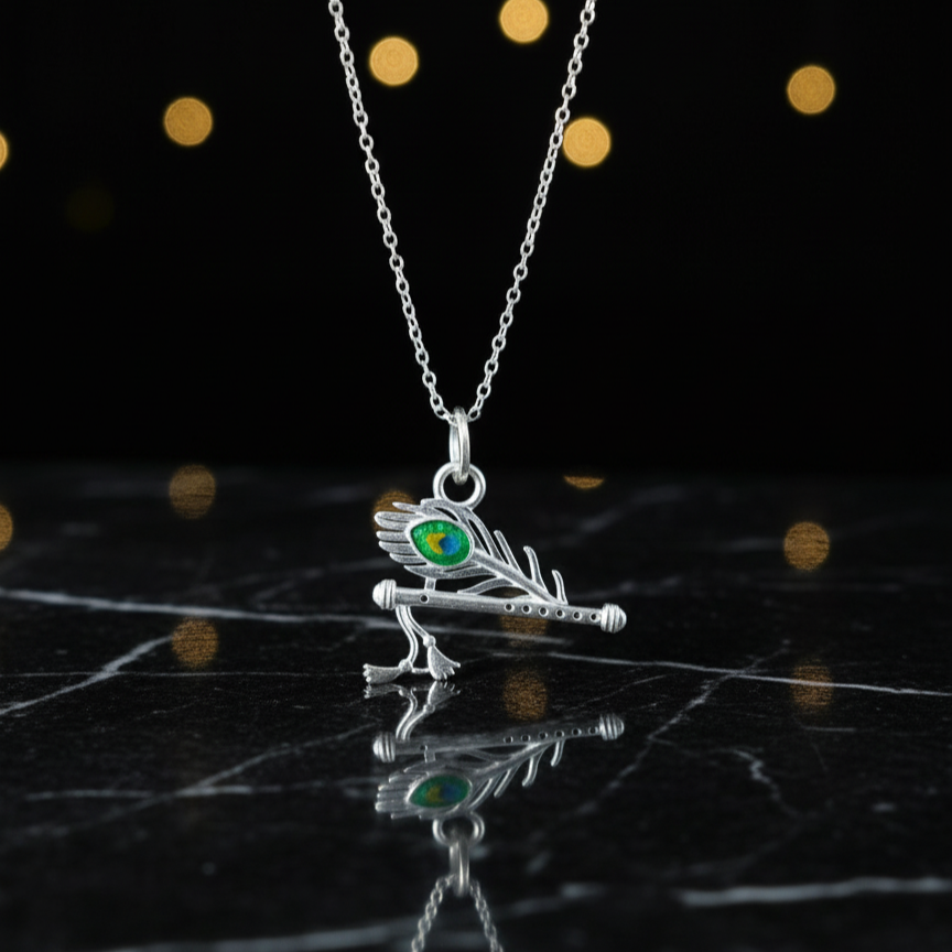 Pure Silver Flute Pendant with Morpankh Detailing