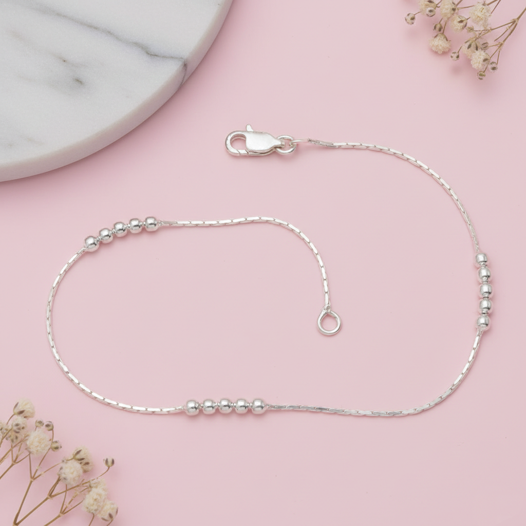Pure Silver Bead Flow Chain Lightweight Modern Indian Anklet