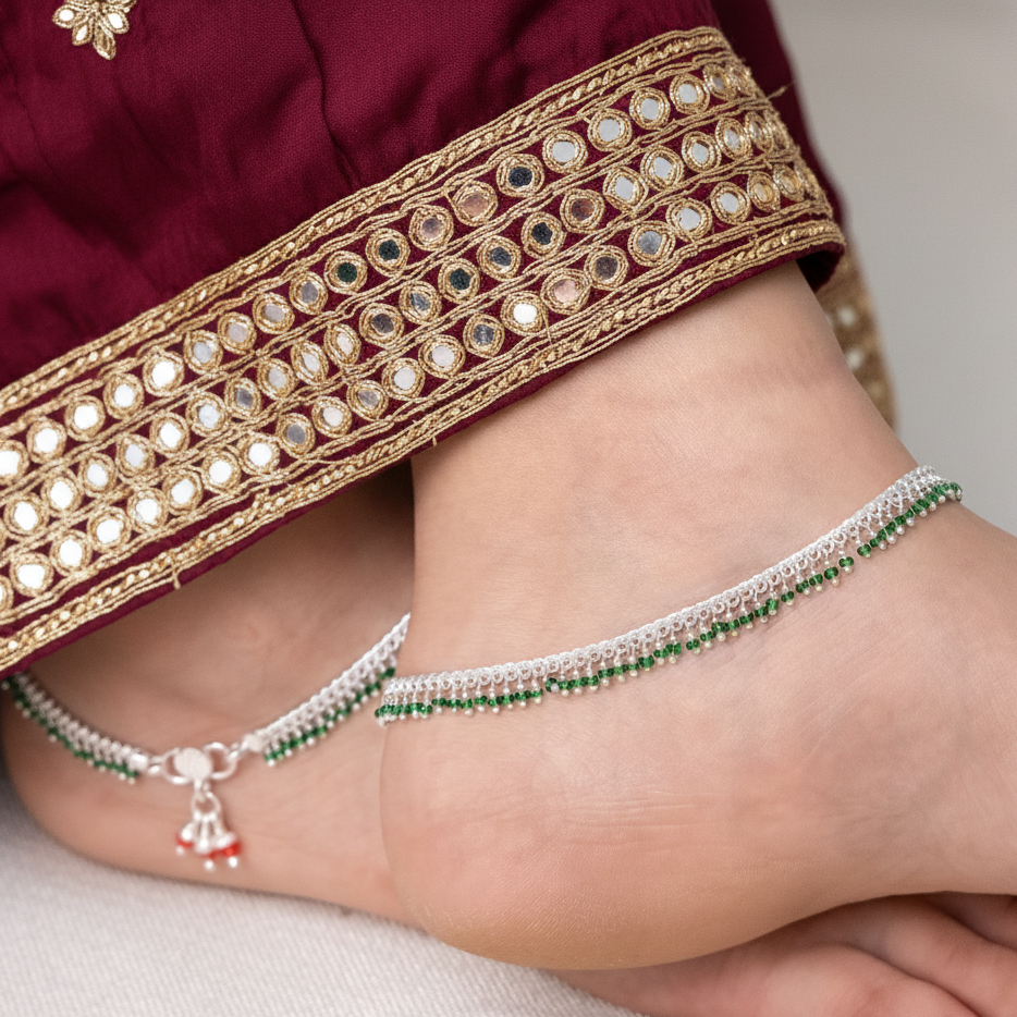 Silver Green Beaded Payal Minimal Traditional Anklet for Everyday Wear