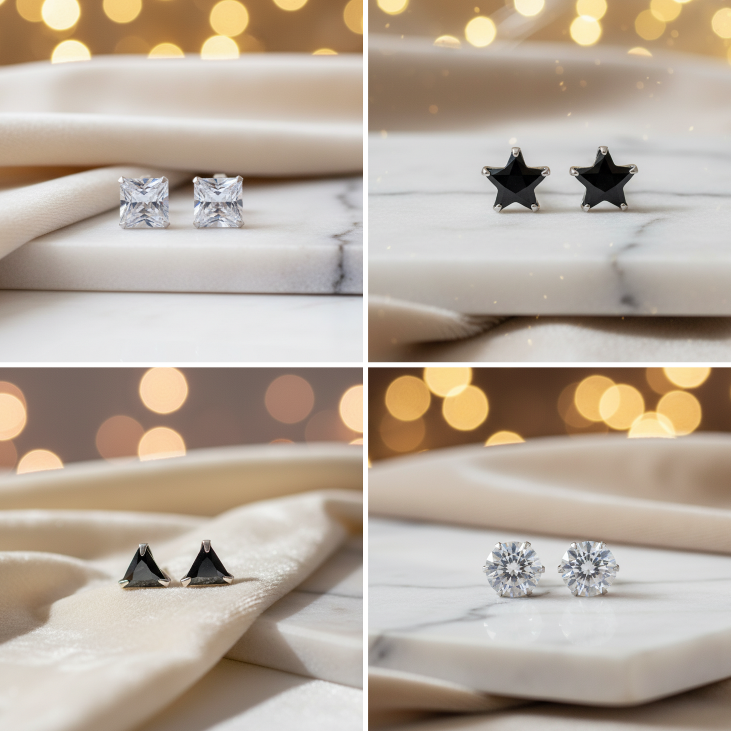 Silver Earrings Combo 4 Elegant Designs (Triangle, Star, Round, Square)