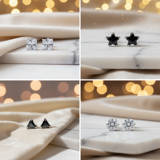 Silver Earrings Combo 4 Elegant Designs (Triangle, Star, Round, Square)