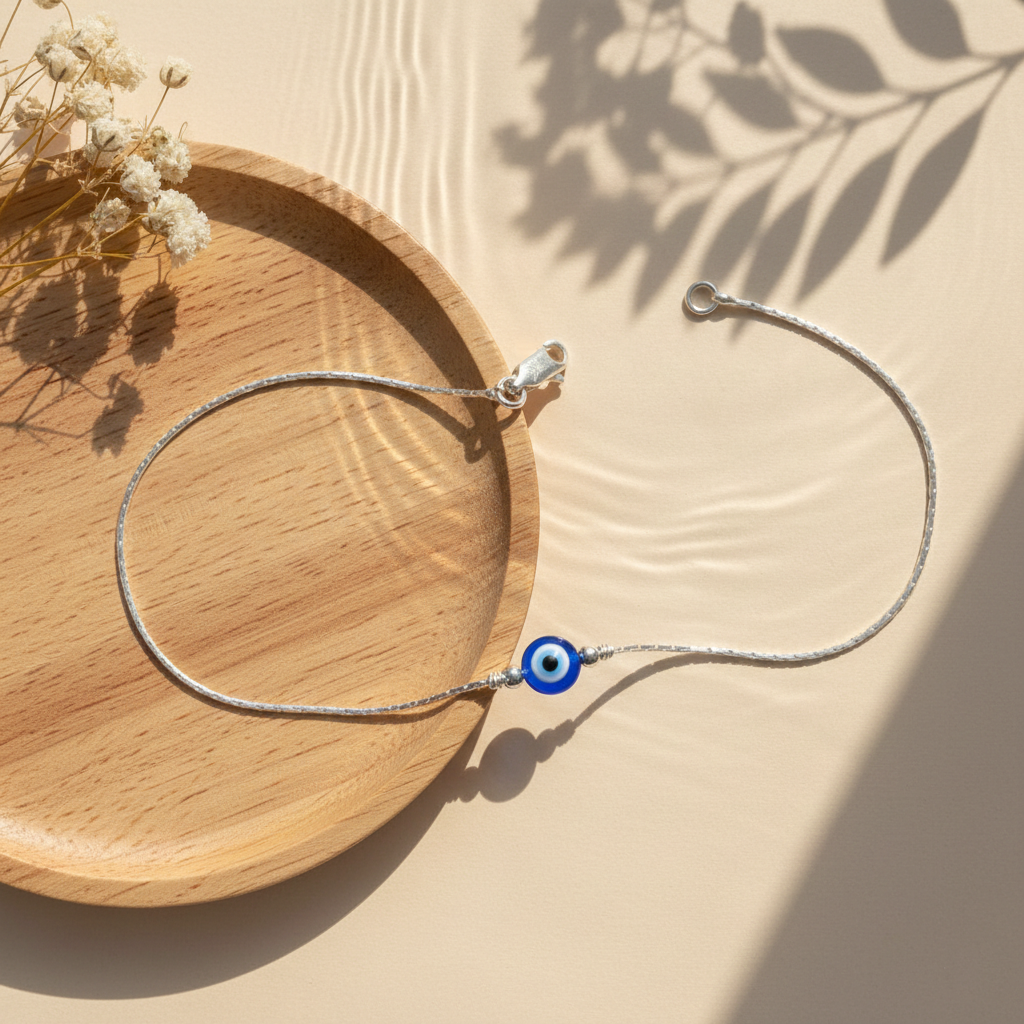 Silver Evil Eye Blue Bead Minimal Anklet for Women & Girls