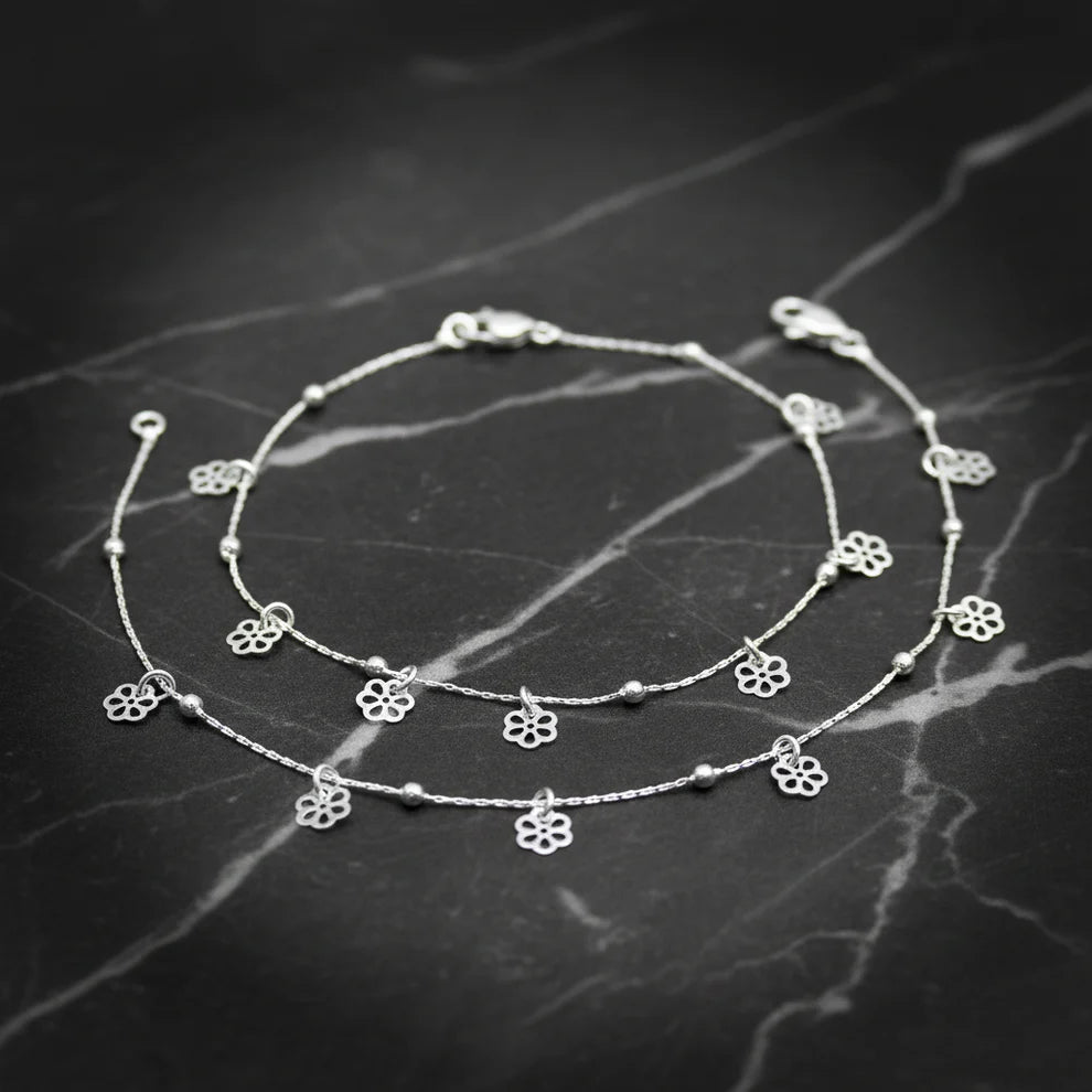 Silver Floral Charm Anklet