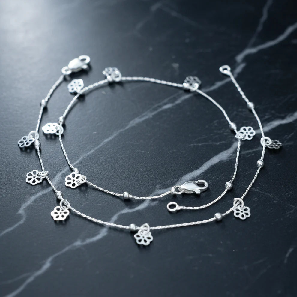 Silver Floral Charm Anklet