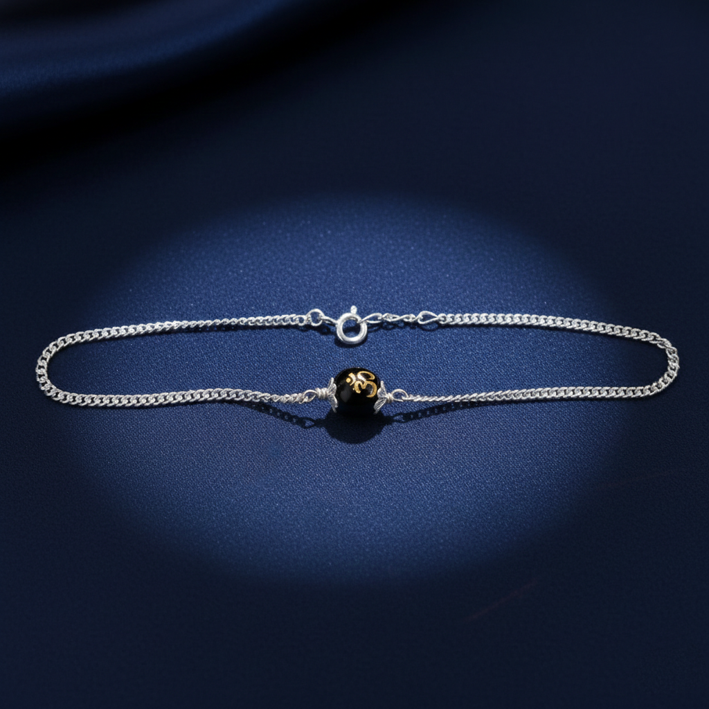 Sterling Silver Om Black Bead Chain Bracelet