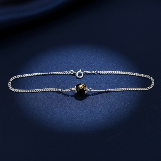 Sterling Silver Om Black Bead Chain Bracelet