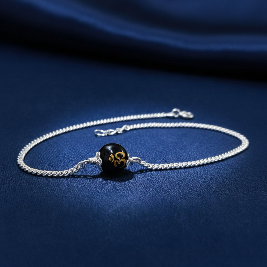 Sterling Silver Om Black Bead Chain Bracelet