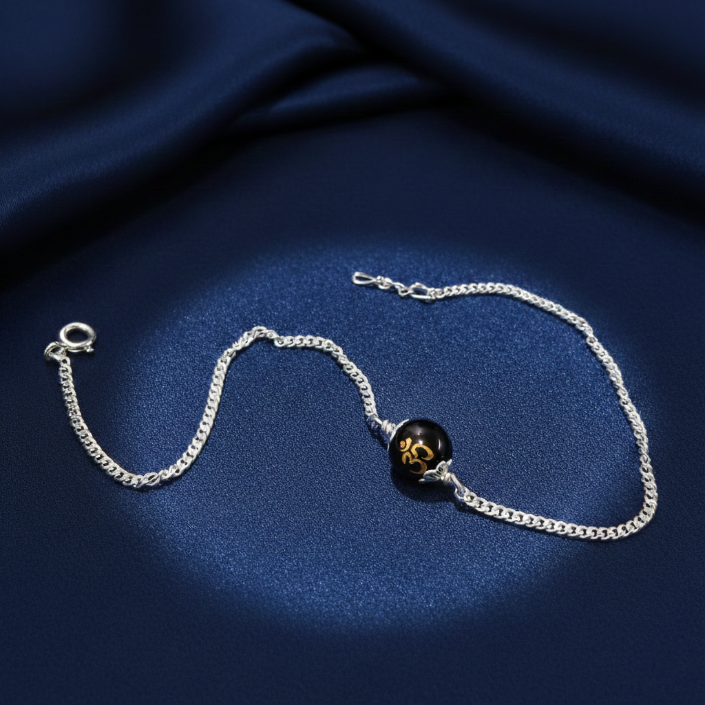 Sterling Silver Om Black Bead Chain Bracelet