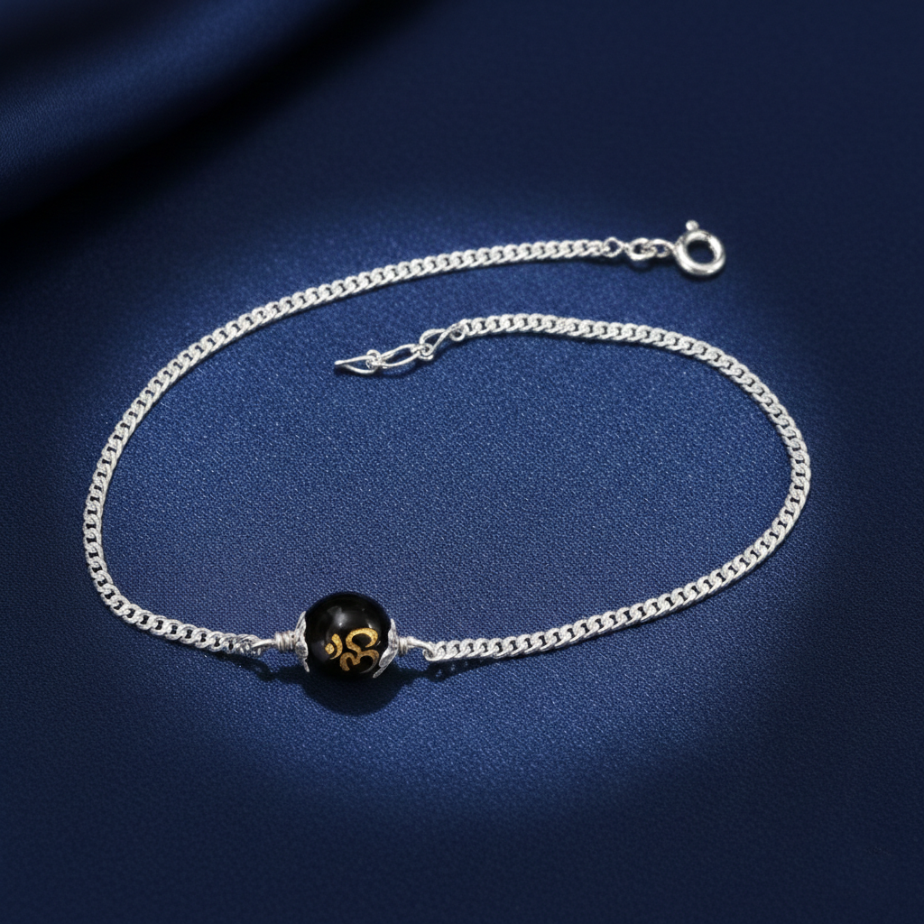 Sterling Silver Om Black Bead Chain Bracelet