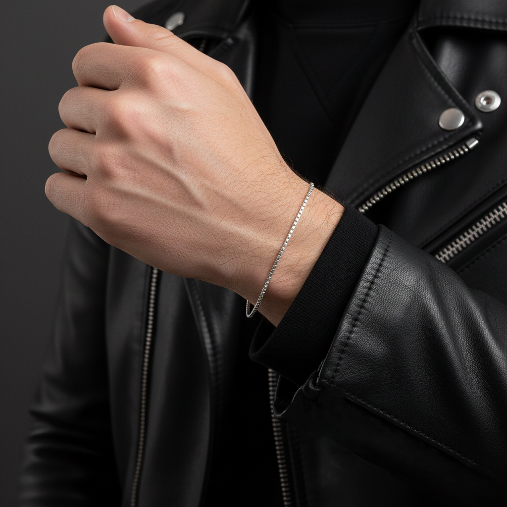 Thin Square Box Chain Silver Bracelet For Boys