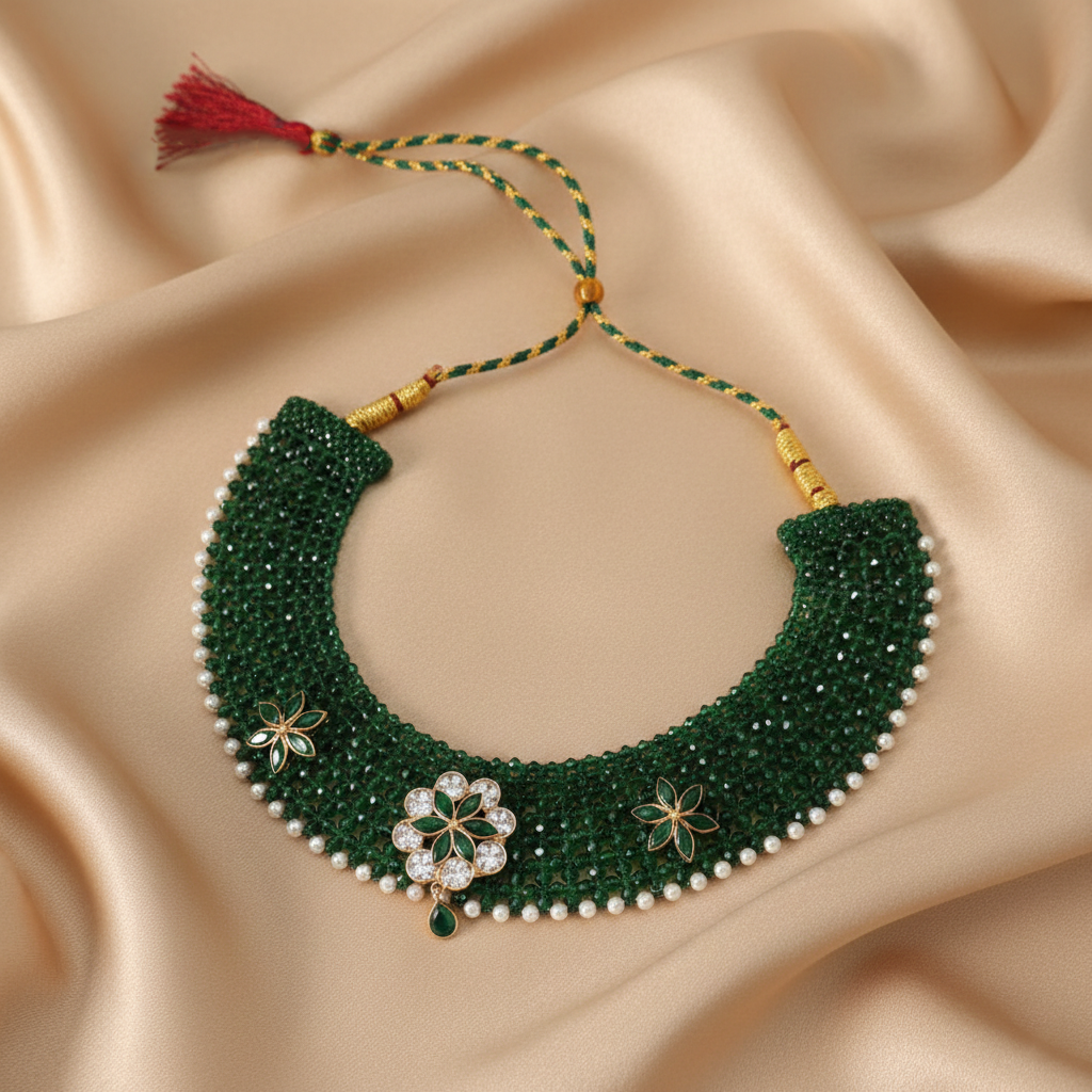 Traditional Green & Silver Three Flower Choker Necklace for Women