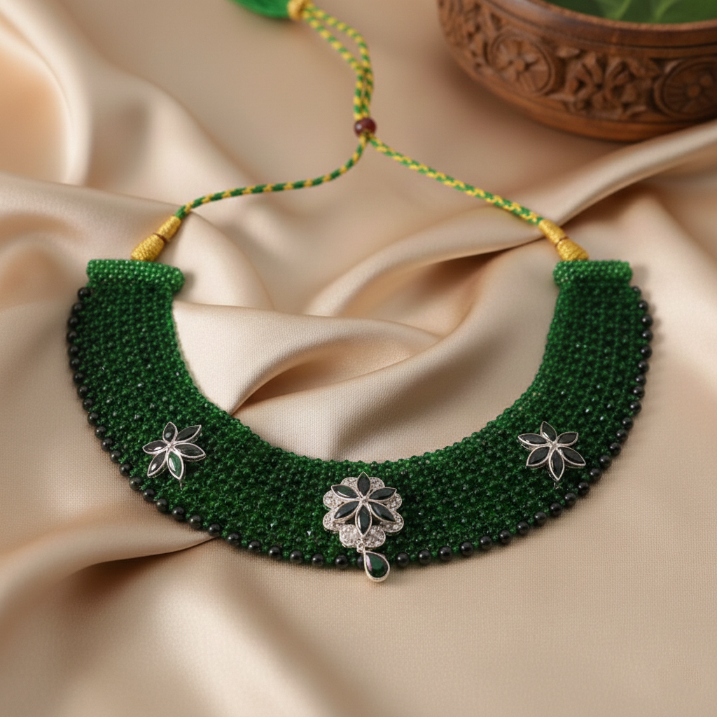 Traditional Green & Silver Three Flower Choker Necklace for Women